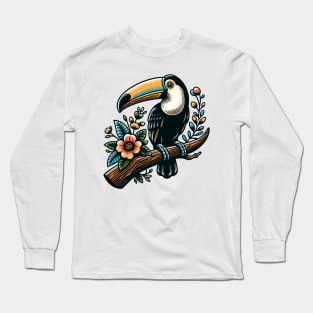 Toucan bird on a tree branch with colorful flowers Long Sleeve T-Shirt